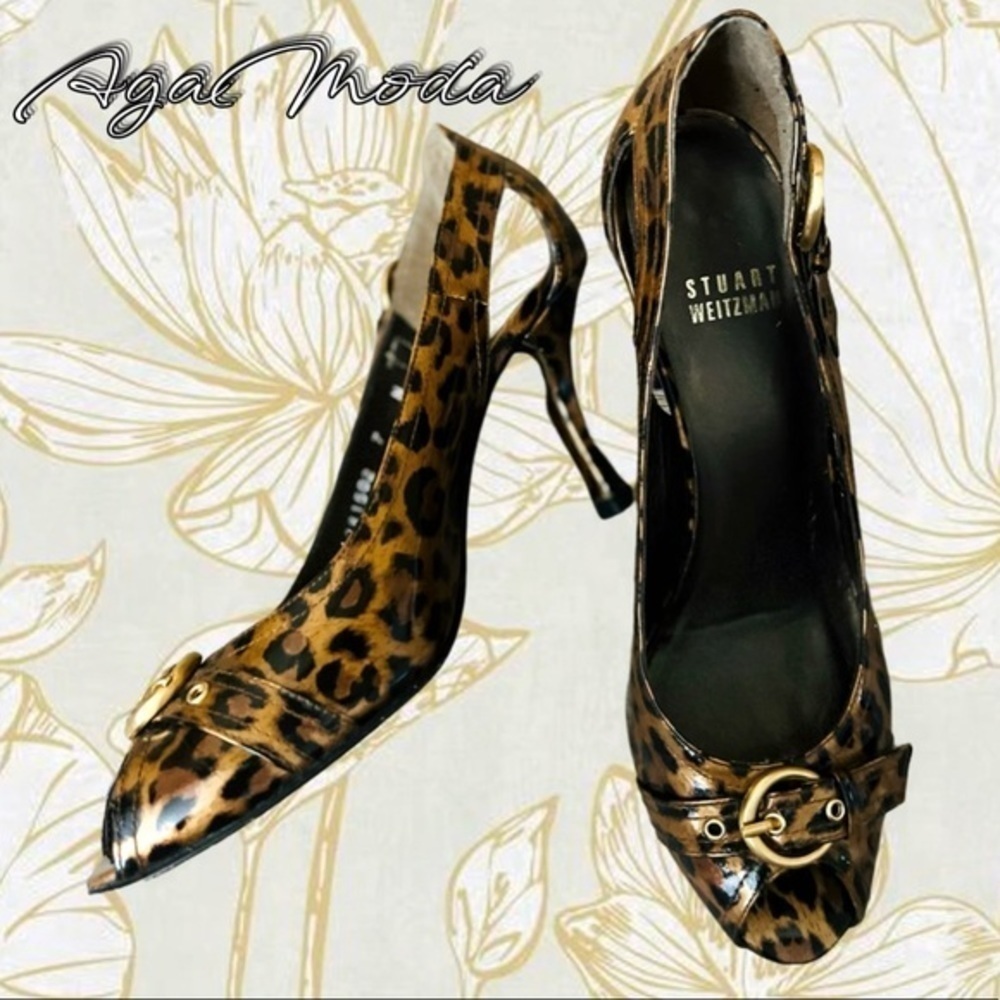 Stuart Weitzman Animal Print Peep Toe Heels with Buckles and Cut Outs